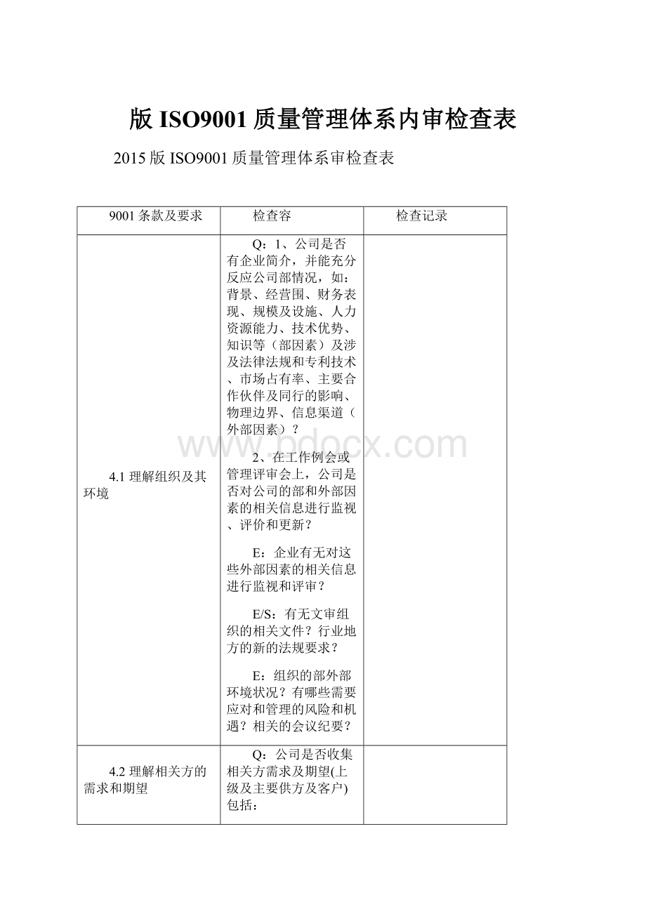 版ISO9001质量管理体系内审检查表.docx