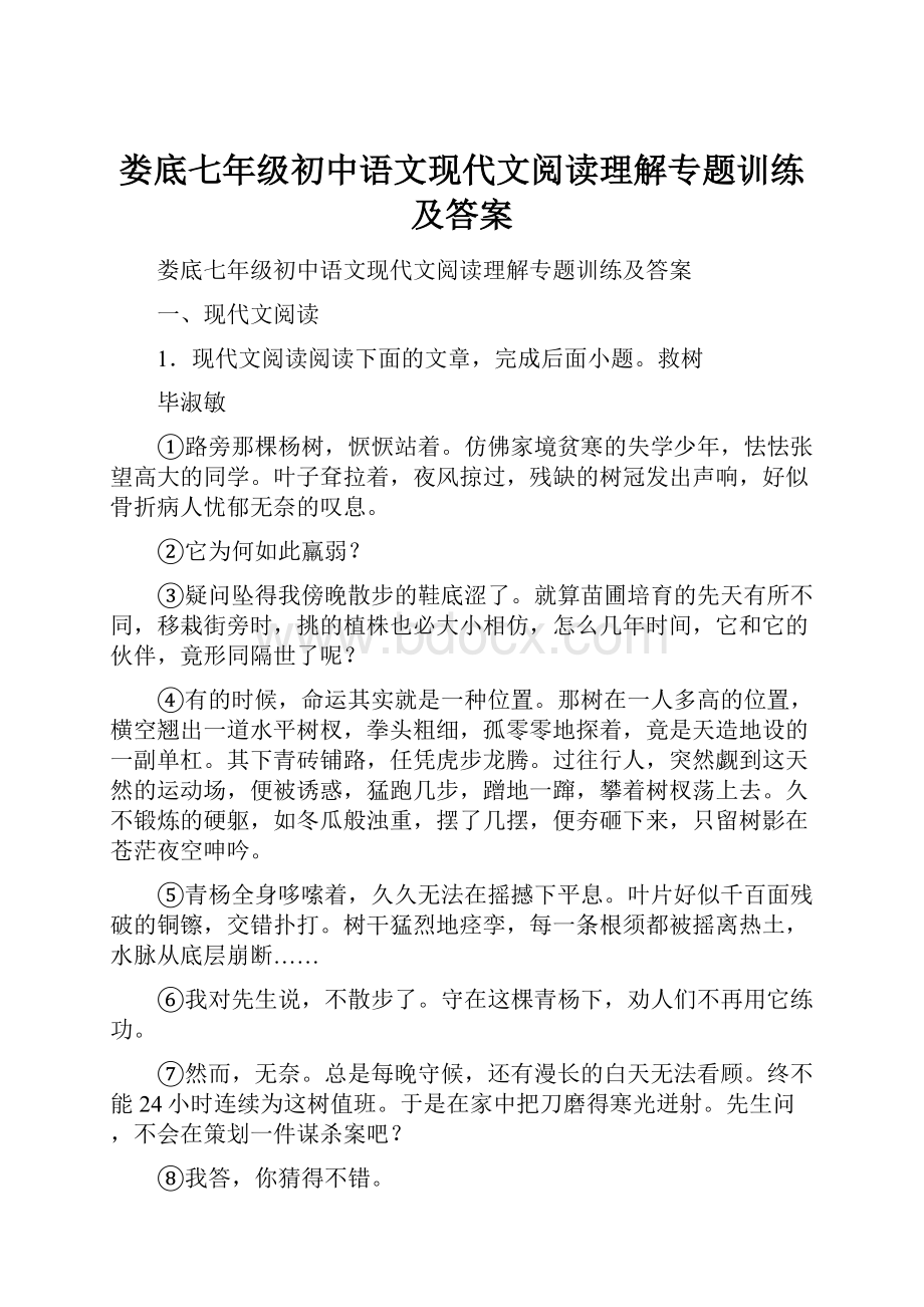 娄底七年级初中语文现代文阅读理解专题训练及答案.docx