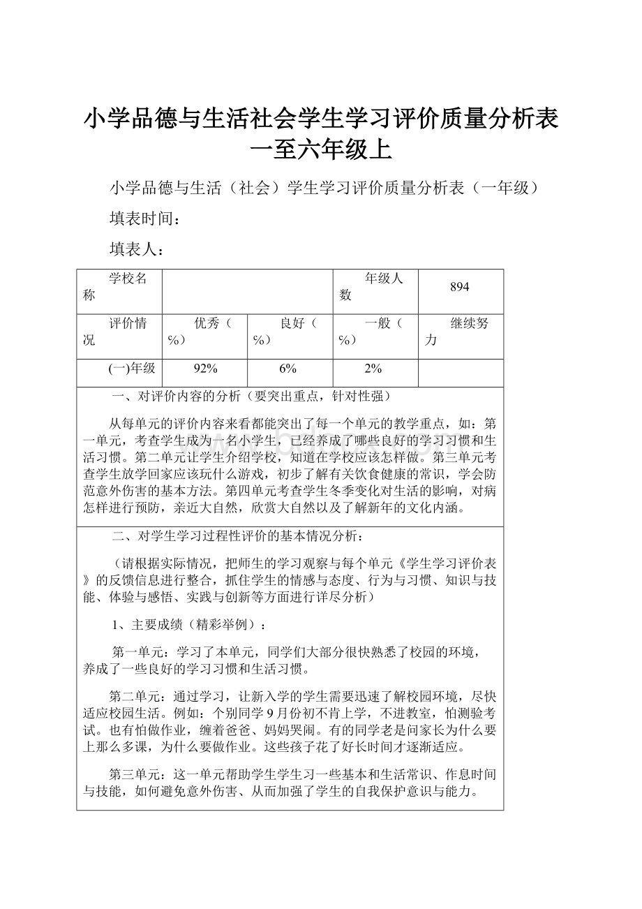 小学品德与生活社会学生学习评价质量分析表一至六年级上.docx_第1页