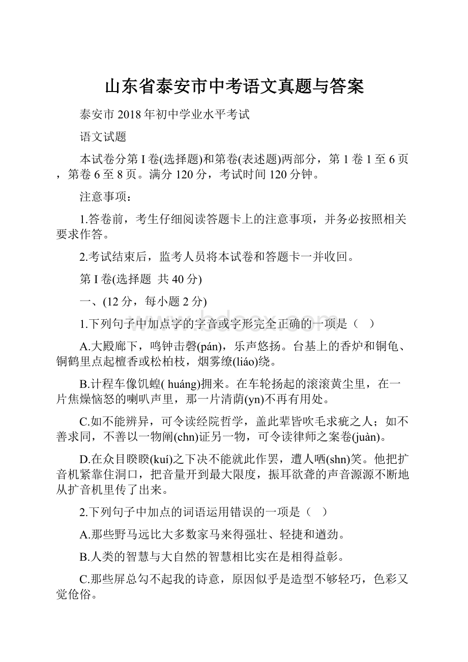 山东省泰安市中考语文真题与答案.docx