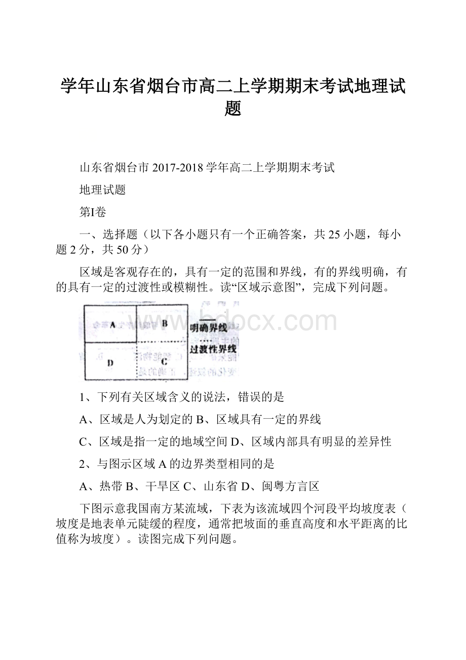 学年山东省烟台市高二上学期期末考试地理试题.docx_第1页