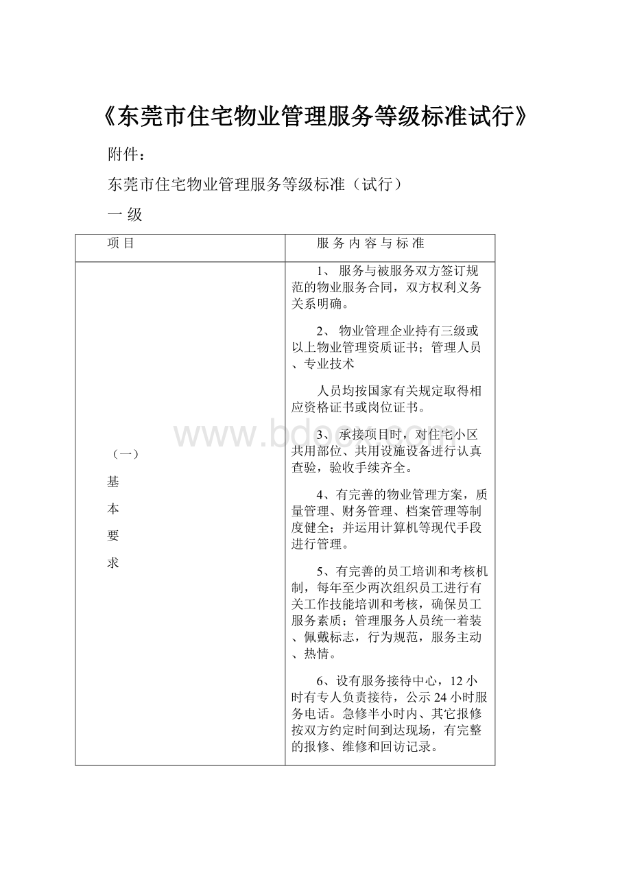 《东莞市住宅物业管理服务等级标准试行》.docx