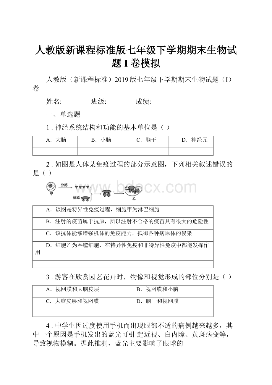 人教版新课程标准版七年级下学期期末生物试题I卷模拟.docx_第1页