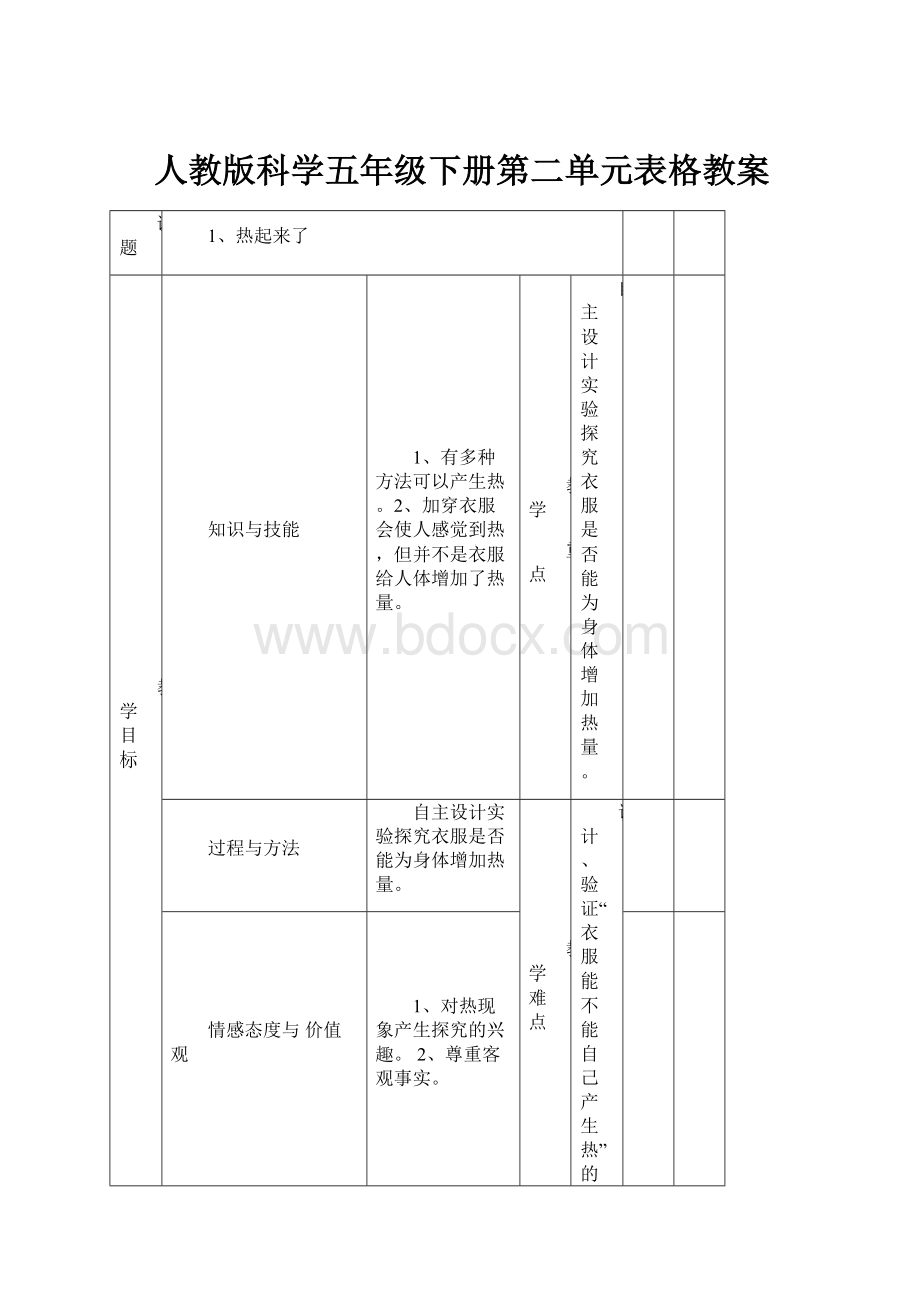 人教版科学五年级下册第二单元表格教案.docx