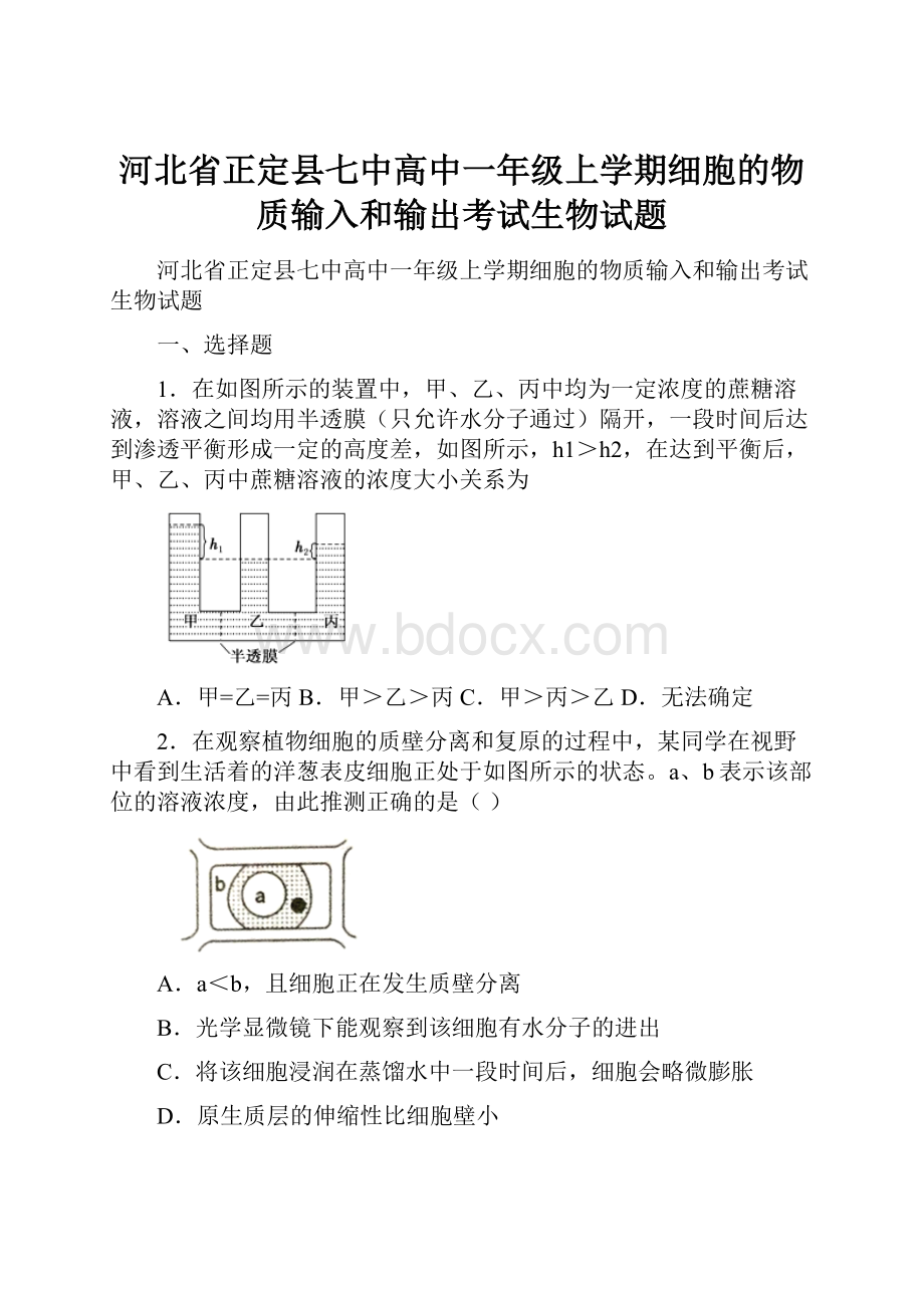 河北省正定县七中高中一年级上学期细胞的物质输入和输出考试生物试题.docx_第1页