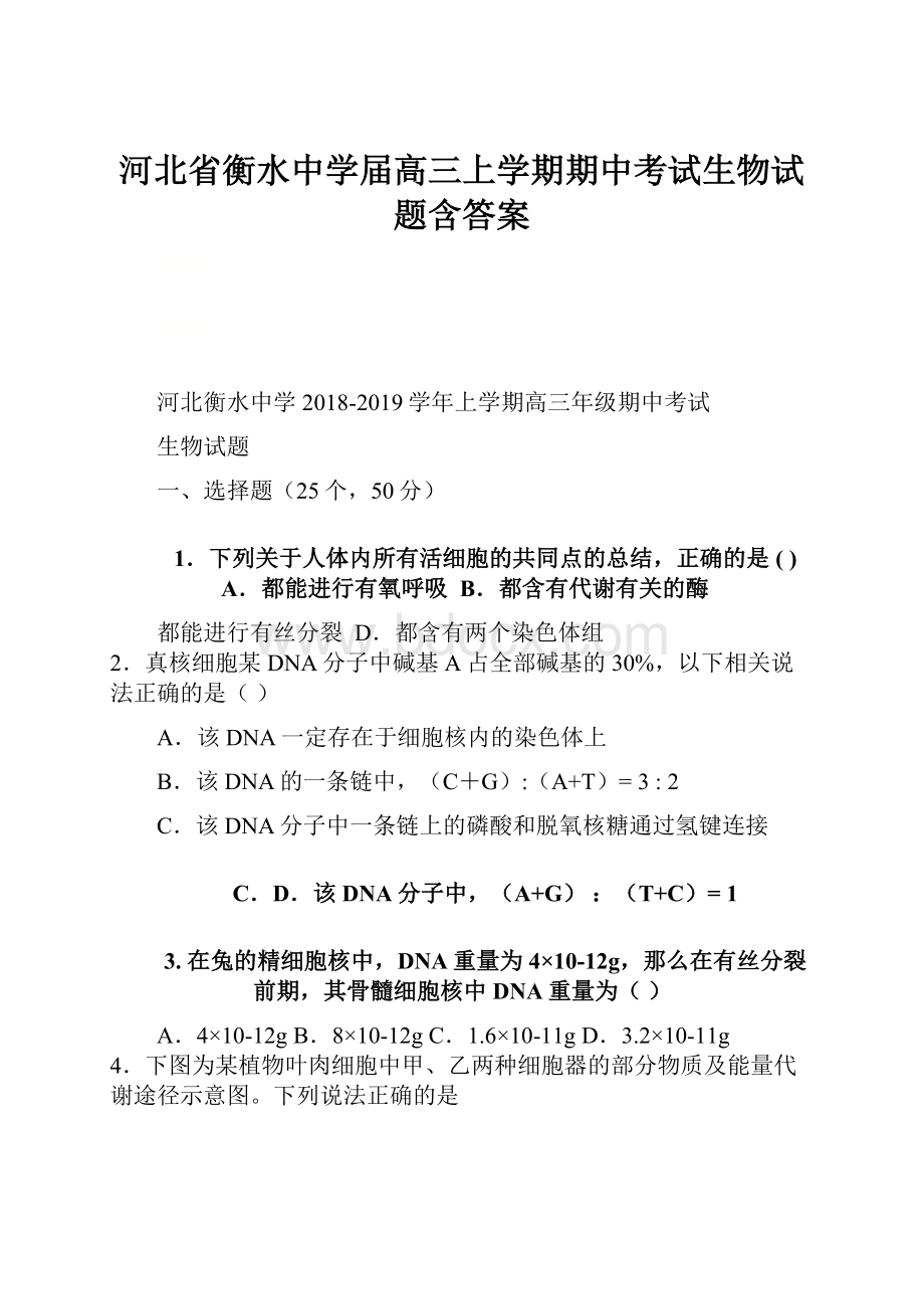 河北省衡水中学届高三上学期期中考试生物试题含答案.docx