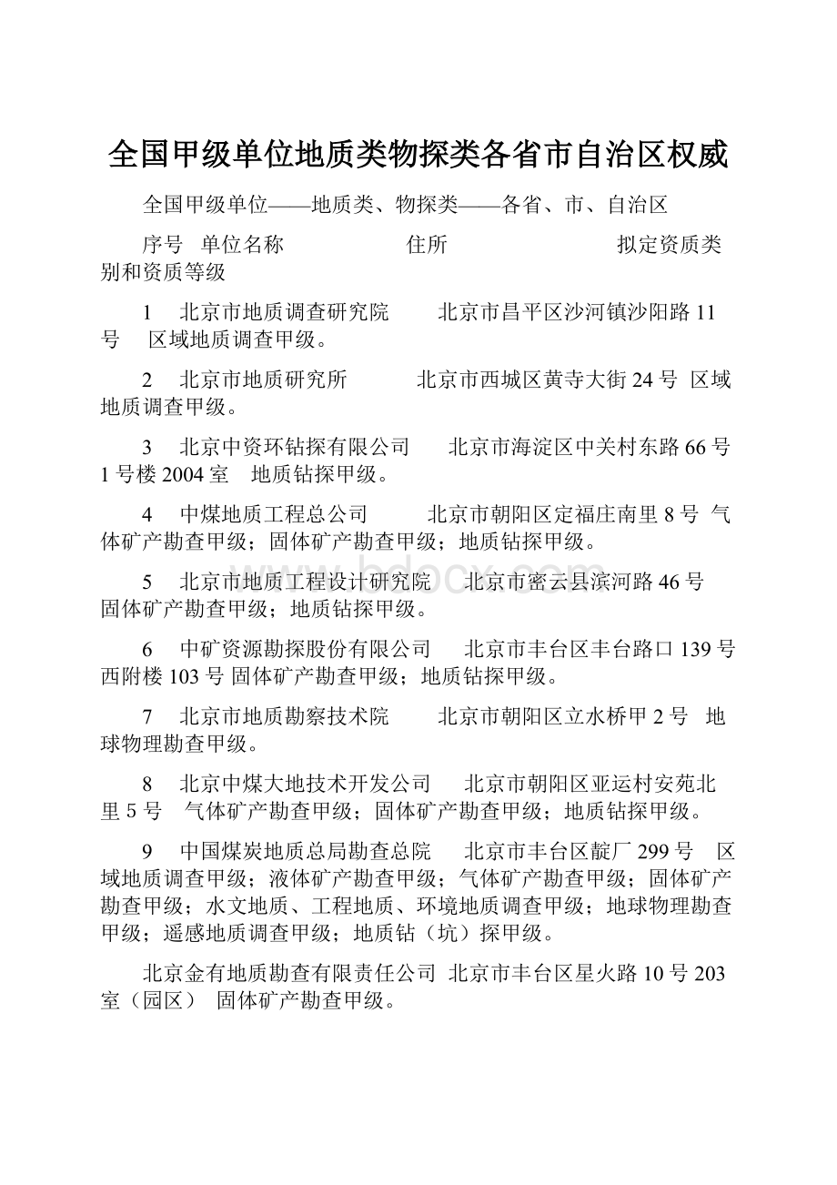 全国甲级单位地质类物探类各省市自治区权威.docx_第1页