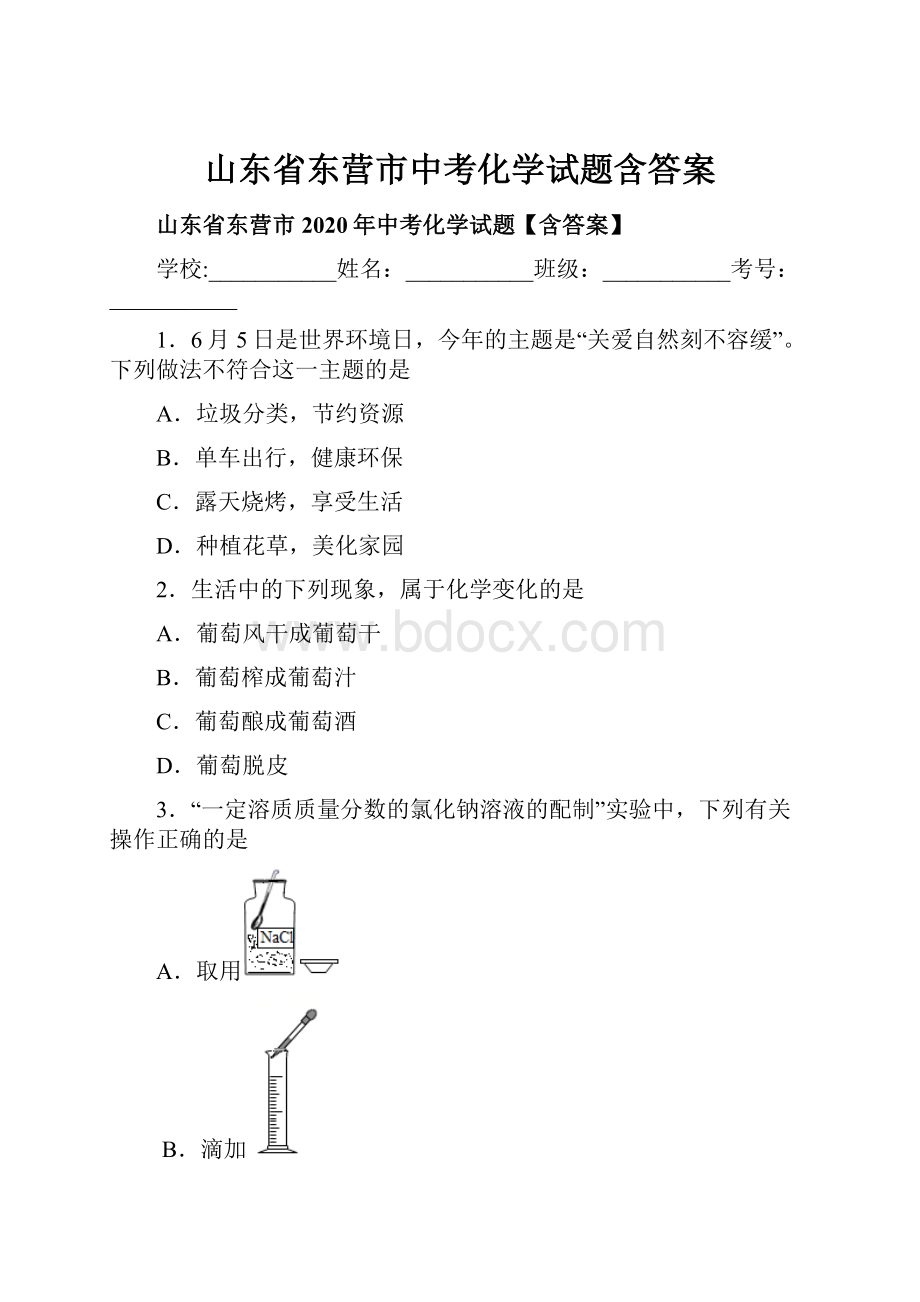 山东省东营市中考化学试题含答案.docx