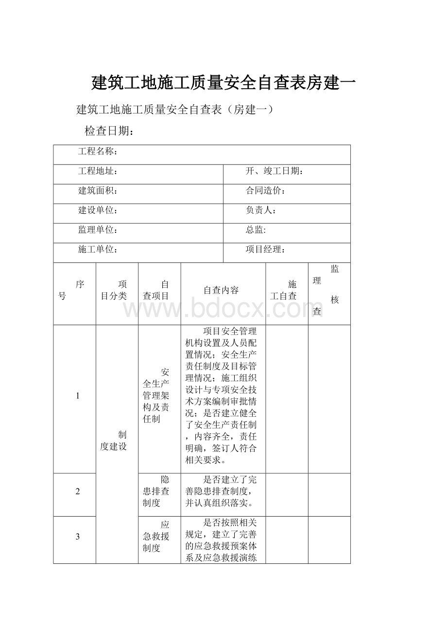 建筑工地施工质量安全自查表房建一.docx_第1页