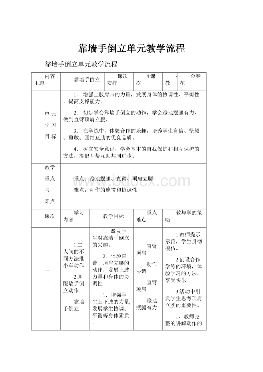 靠墙手倒立单元教学流程.docx