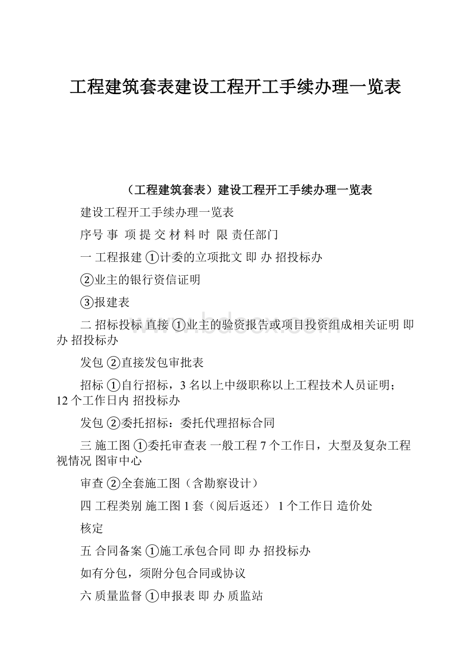 工程建筑套表建设工程开工手续办理一览表.docx