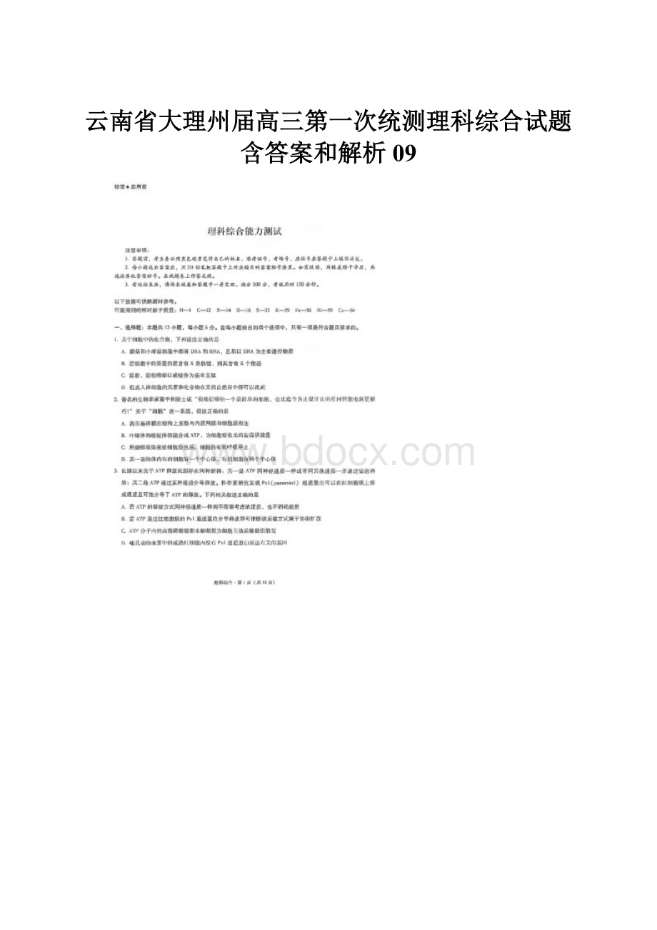 云南省大理州届高三第一次统测理科综合试题含答案和解析09.docx_第1页