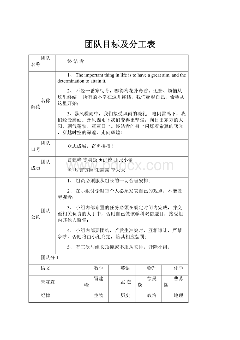 团队目标及分工表.docx