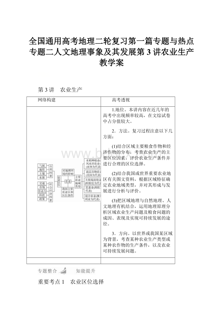 全国通用高考地理二轮复习第一篇专题与热点专题二人文地理事象及其发展第3讲农业生产教学案.docx