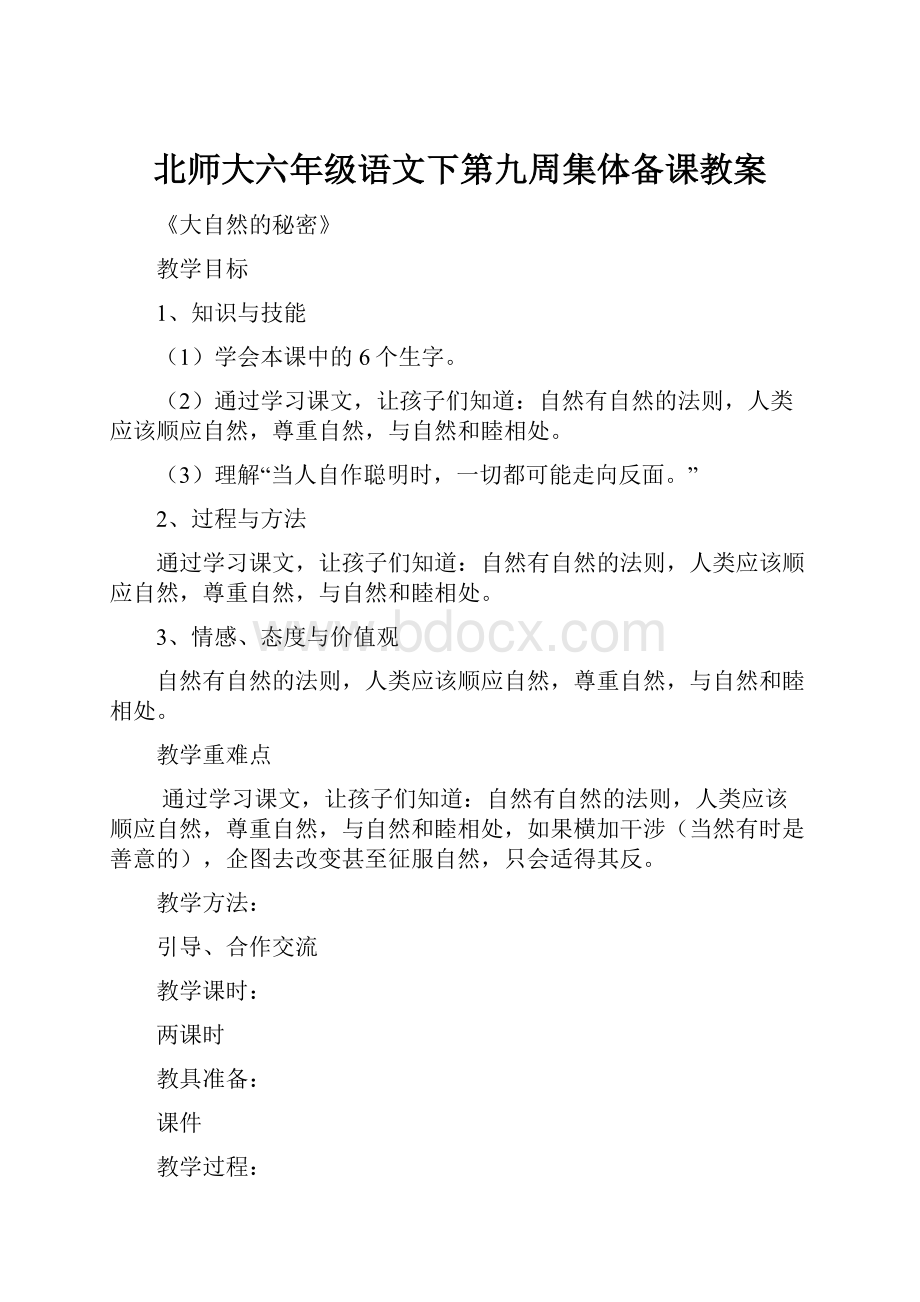 北师大六年级语文下第九周集体备课教案.docx