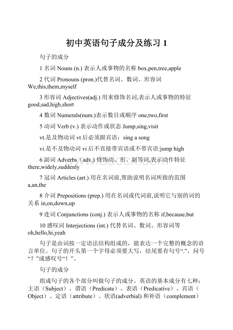 初中英语句子成分及练习1.docx_第1页