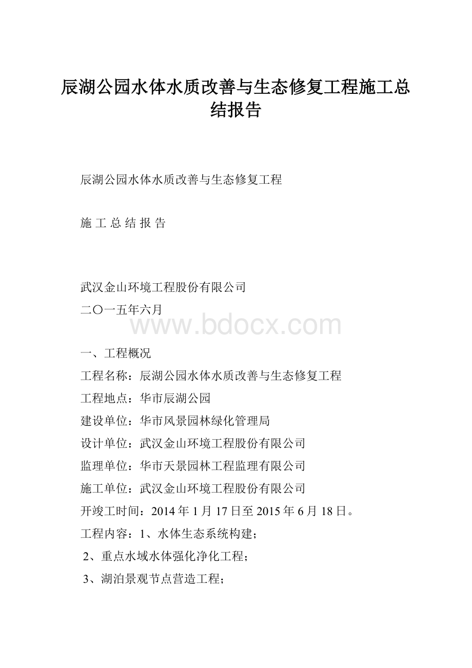 辰湖公园水体水质改善与生态修复工程施工总结报告.docx