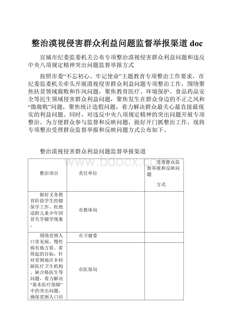 整治漠视侵害群众利益问题监督举报渠道doc.docx_第1页