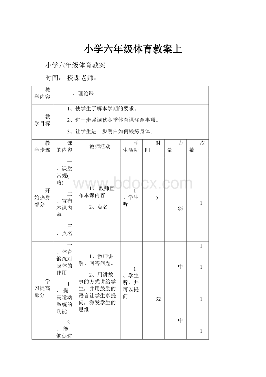 小学六年级体育教案上.docx_第1页