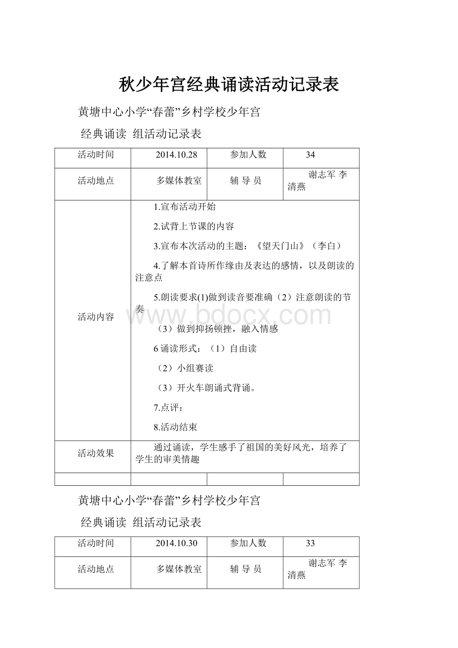 秋少年宫经典诵读活动记录表.docx_第1页