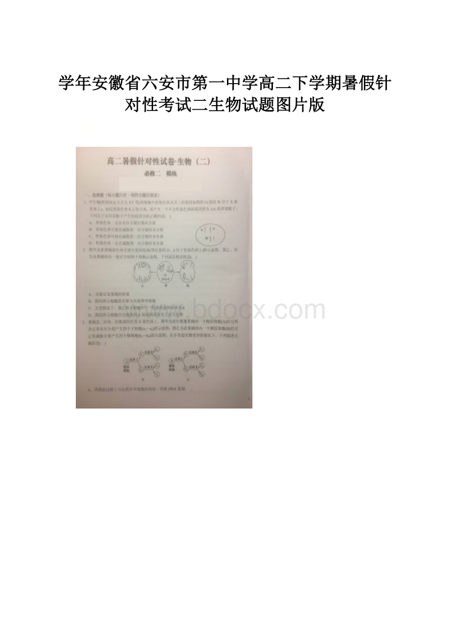 学年安徽省六安市第一中学高二下学期暑假针对性考试二生物试题图片版.docx_第1页