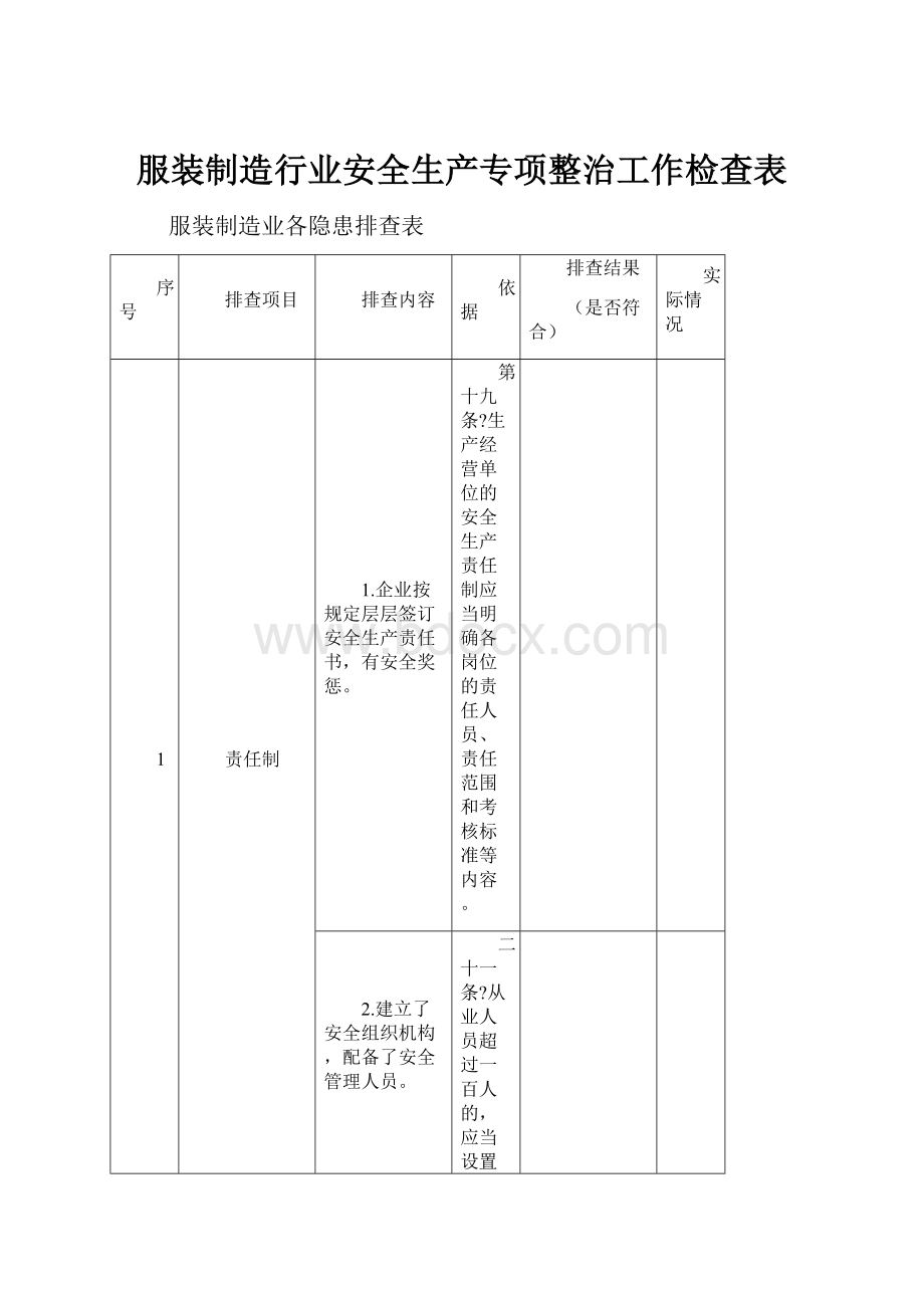 服装制造行业安全生产专项整治工作检查表.docx_第1页