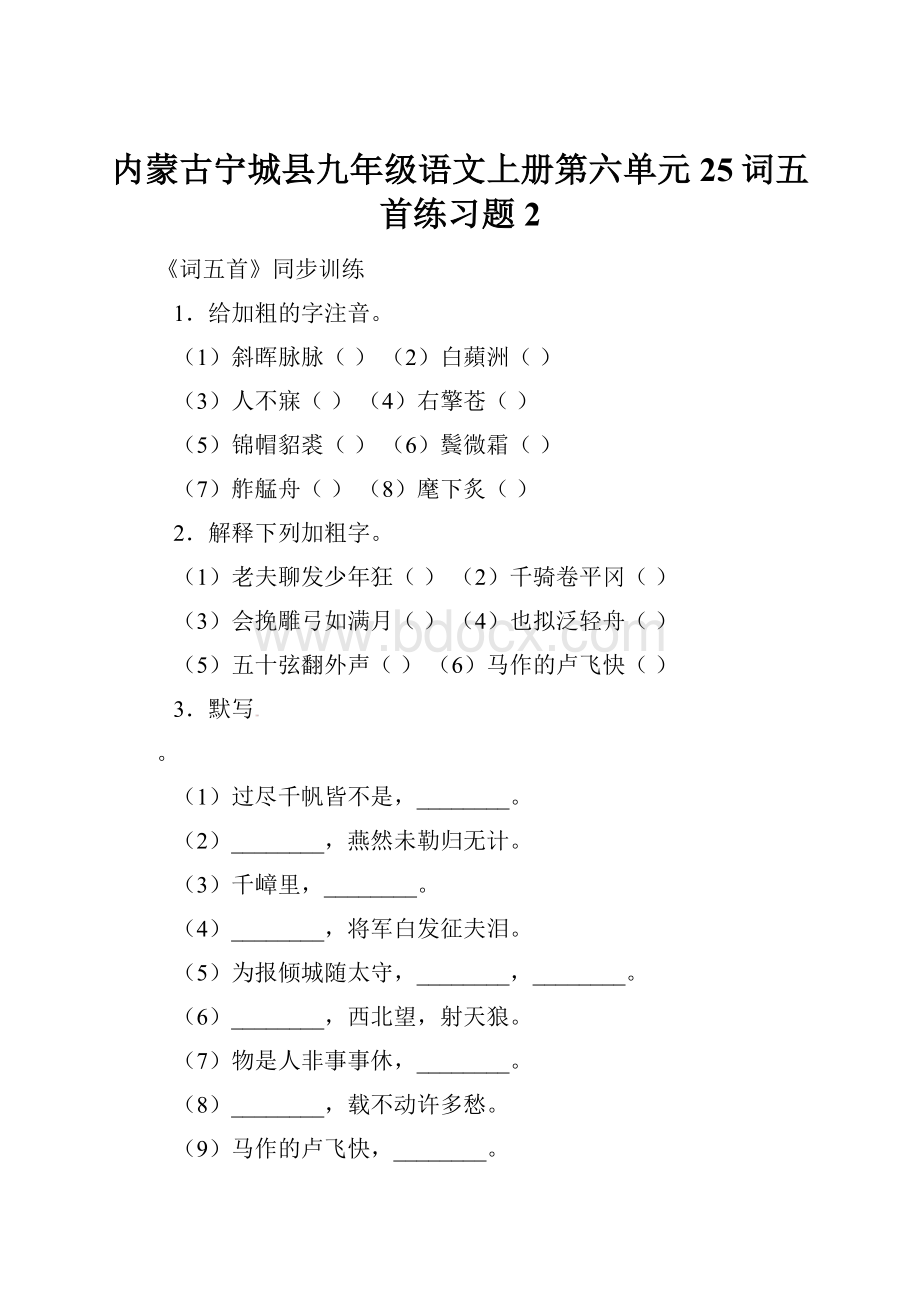 内蒙古宁城县九年级语文上册第六单元25词五首练习题2.docx