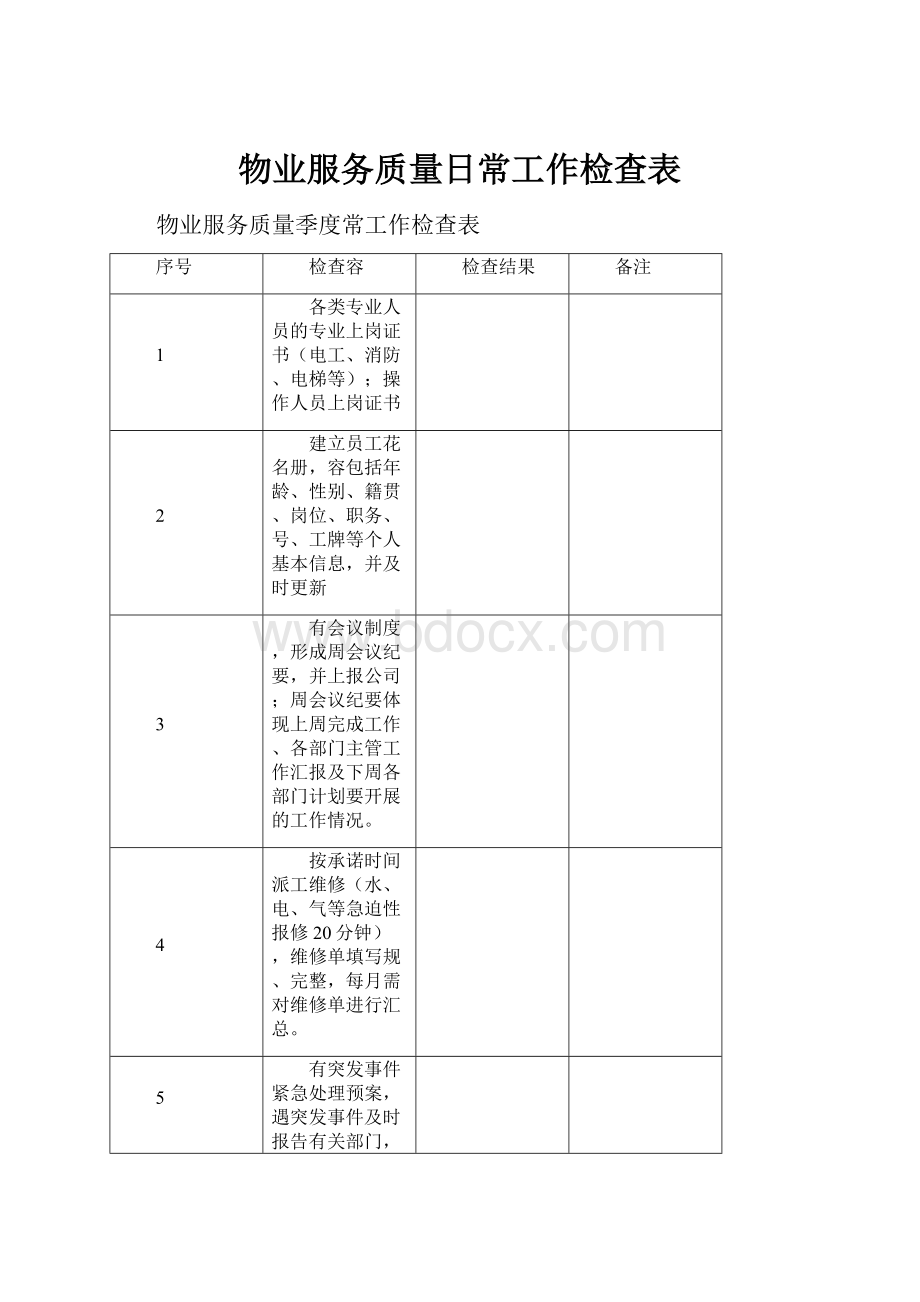 物业服务质量日常工作检查表.docx