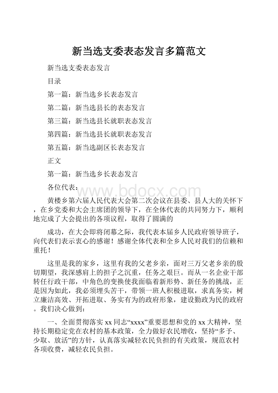 新当选支委表态发言多篇范文.docx_第1页