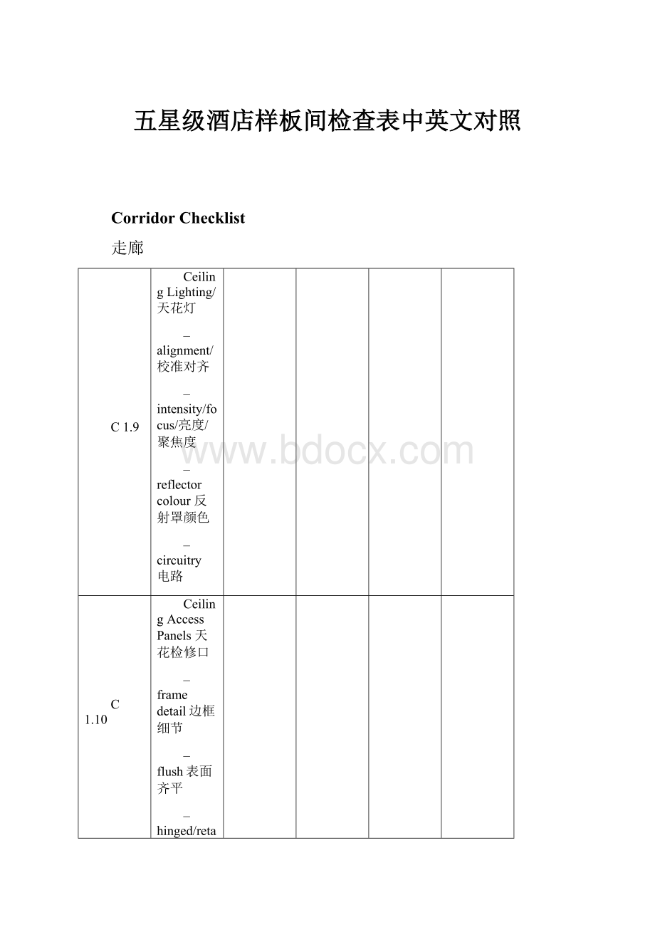 五星级酒店样板间检查表中英文对照.docx