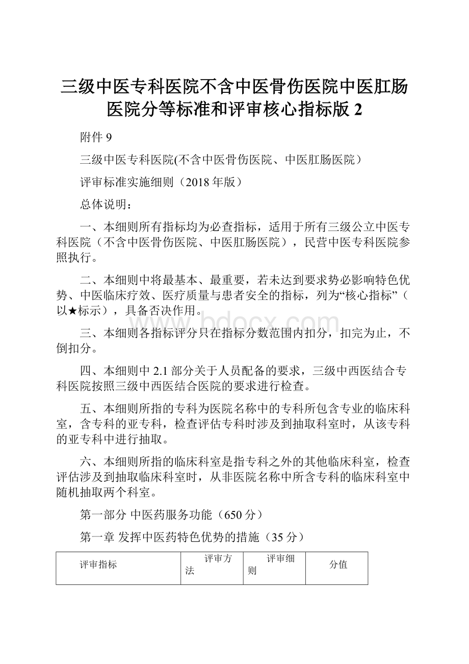 三级中医专科医院不含中医骨伤医院中医肛肠医院分等标准和评审核心指标版 2.docx_第1页