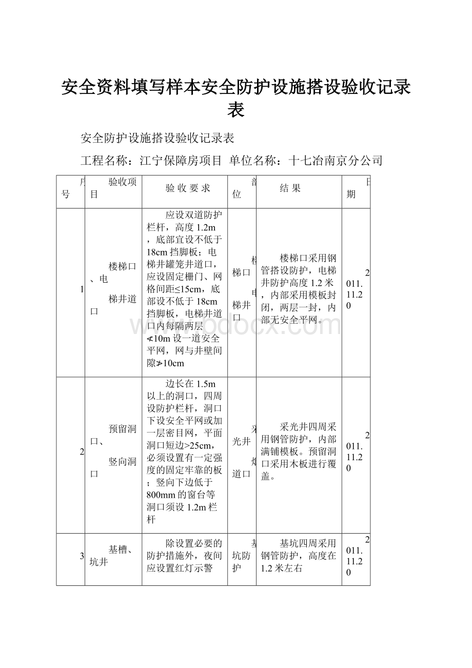 安全资料填写样本安全防护设施搭设验收记录表.docx_第1页