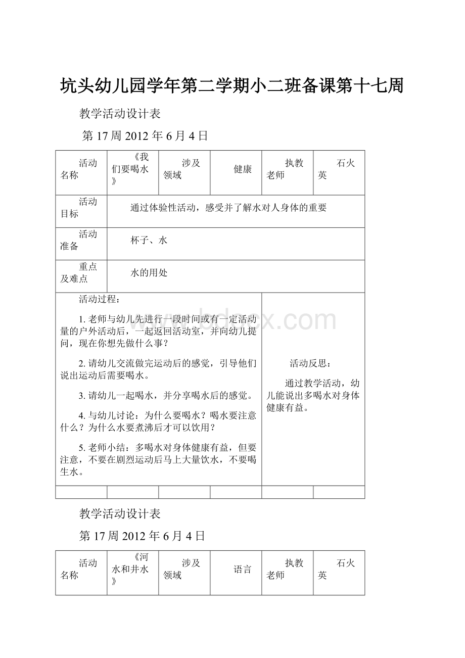 坑头幼儿园学年第二学期小二班备课第十七周.docx