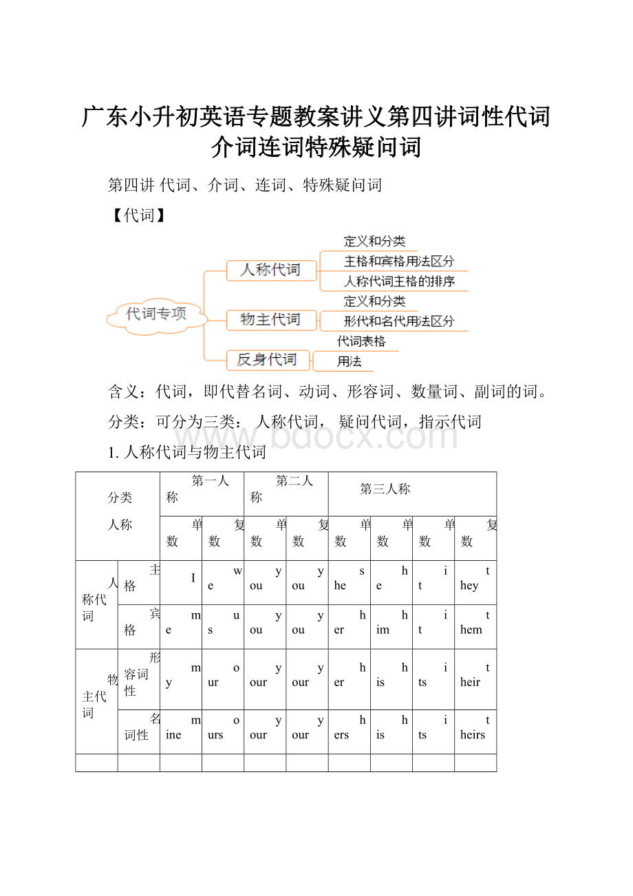 广东小升初英语专题教案讲义第四讲词性代词介词连词特殊疑问词.docx_第1页