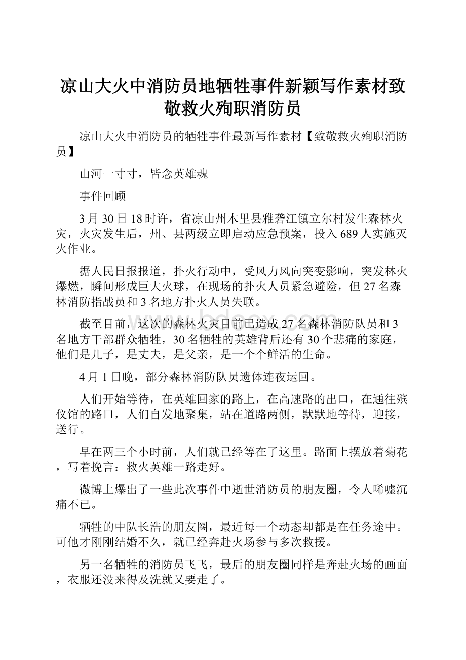 凉山大火中消防员地牺牲事件新颖写作素材致敬救火殉职消防员.docx