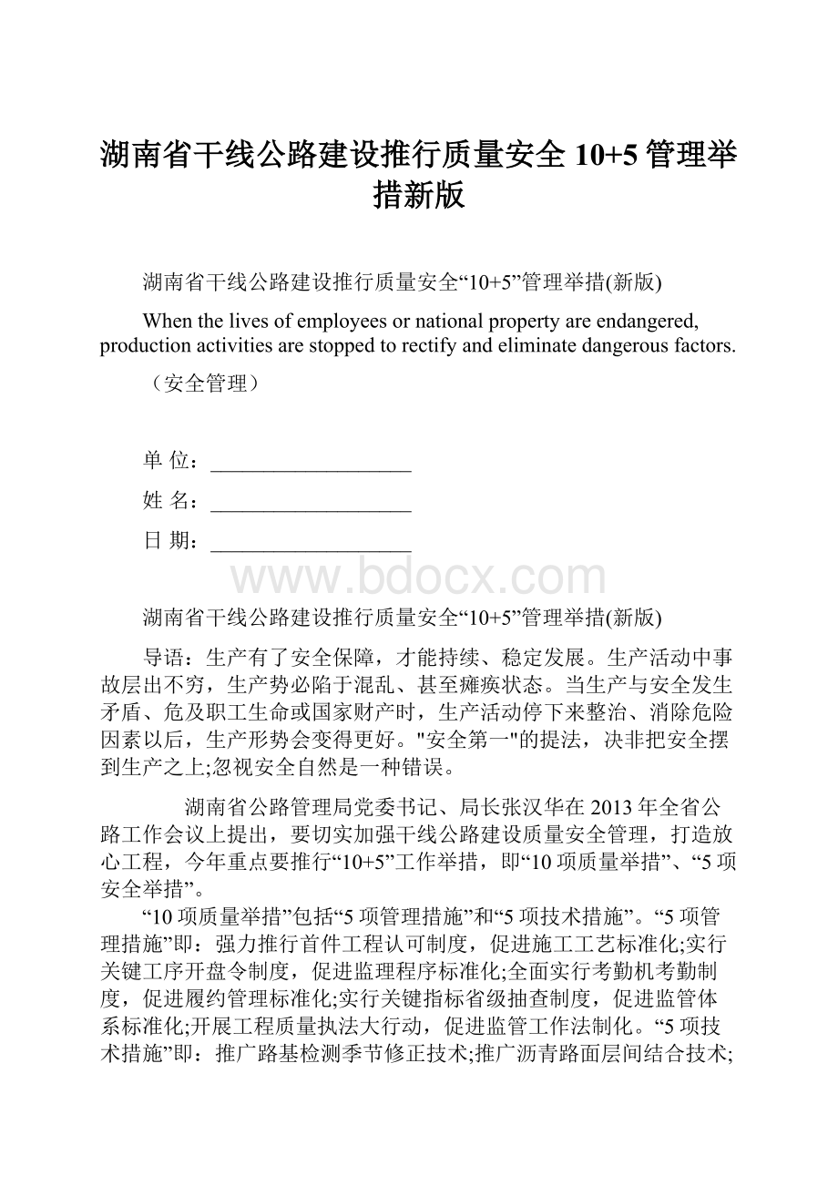 湖南省干线公路建设推行质量安全10+5管理举措新版.docx