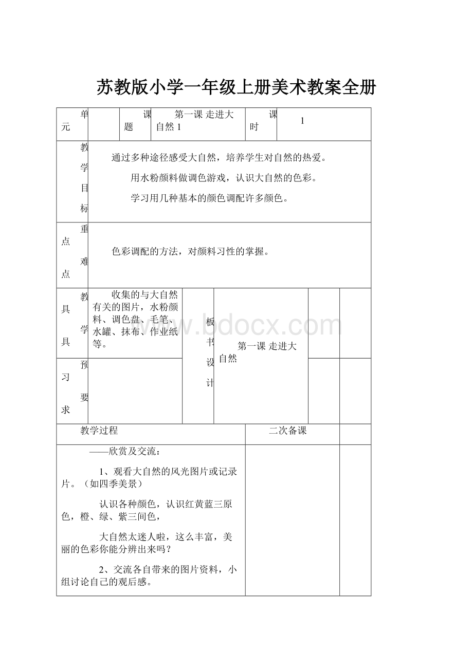 苏教版小学一年级上册美术教案全册.docx_第1页