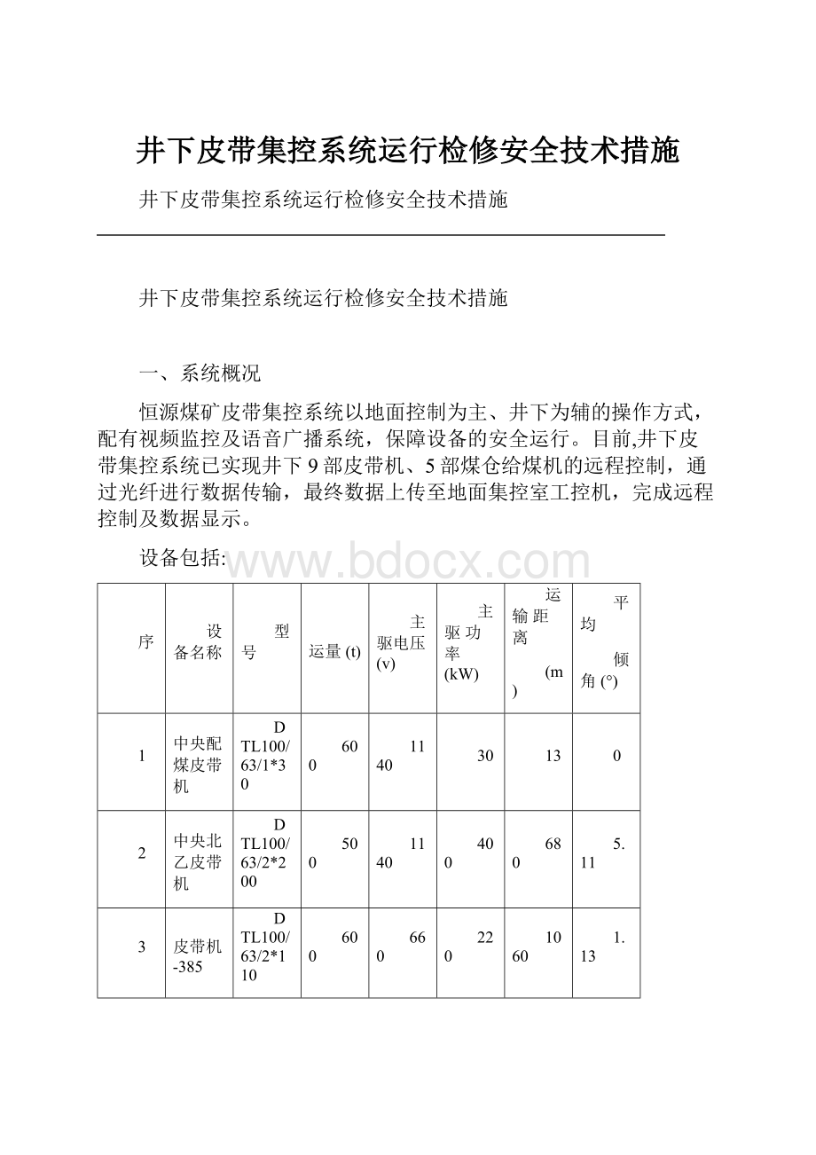 井下皮带集控系统运行检修安全技术措施.docx_第1页