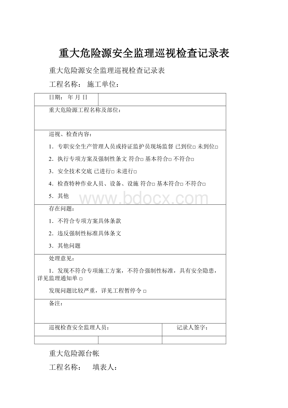 重大危险源安全监理巡视检查记录表.docx_第1页