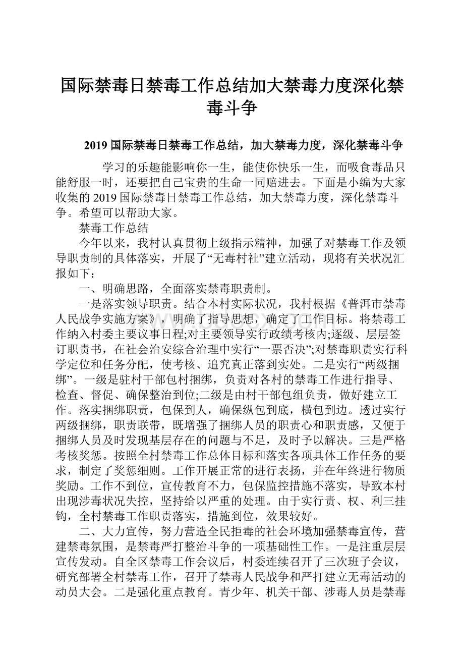 国际禁毒日禁毒工作总结加大禁毒力度深化禁毒斗争.docx_第1页