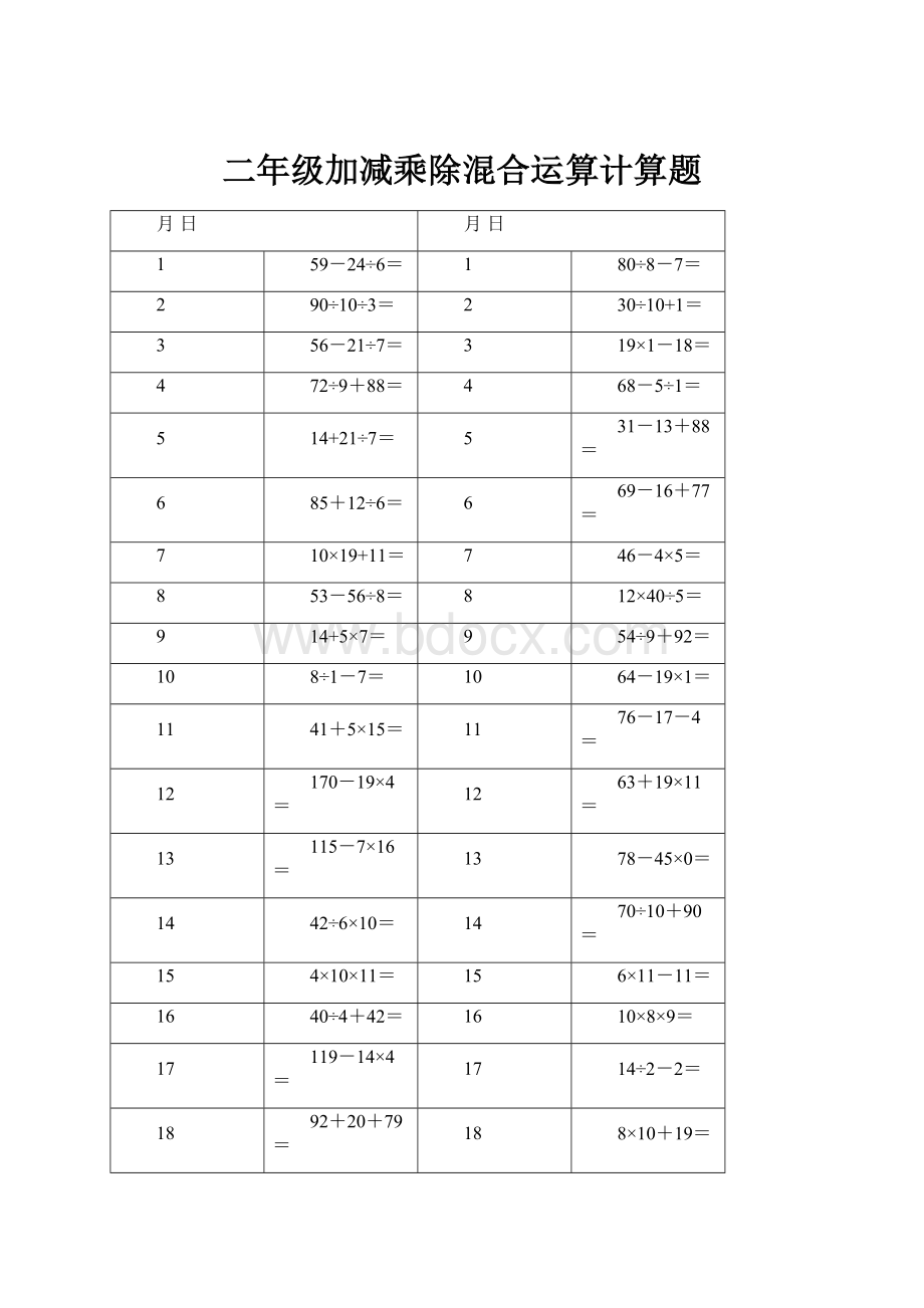 二年级加减乘除混合运算计算题.docx