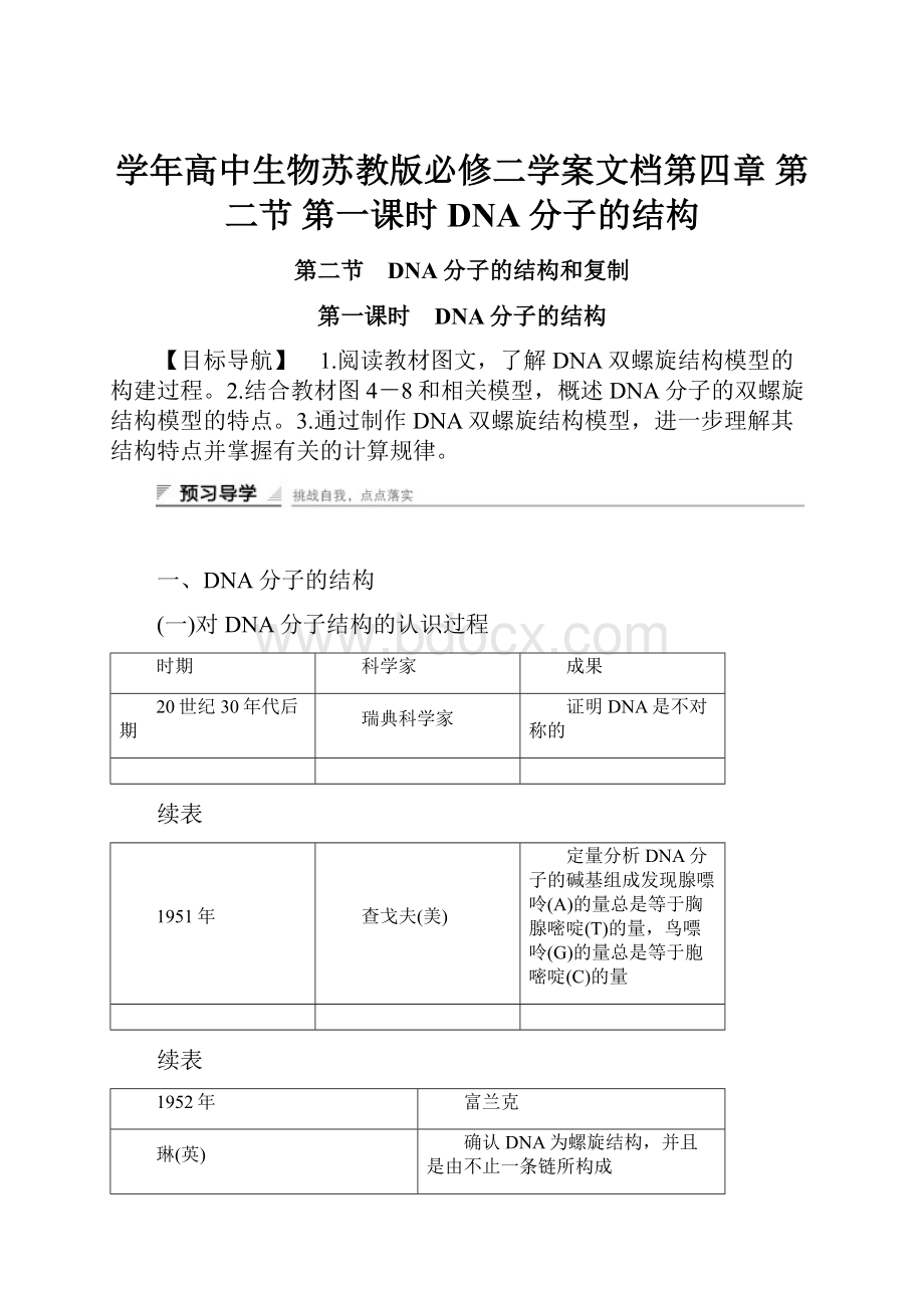 学年高中生物苏教版必修二学案文档第四章 第二节 第一课时 DNA分子的结构.docx_第1页