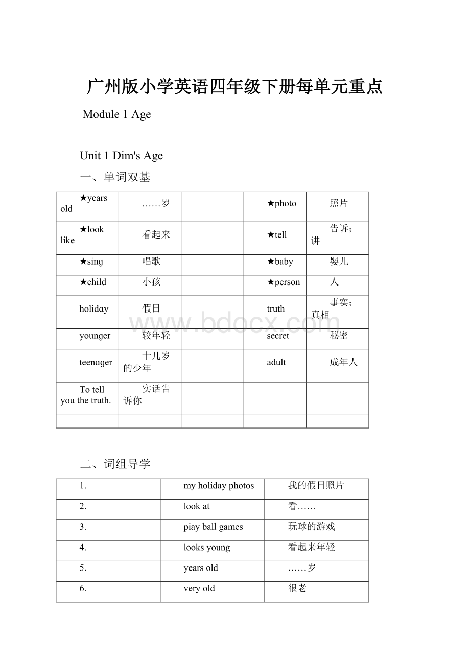 广州版小学英语四年级下册每单元重点.docx