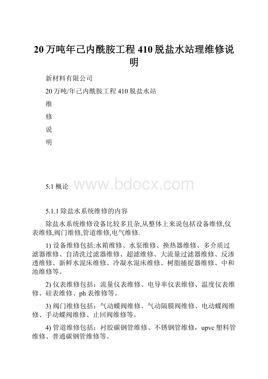 20万吨年己内酰胺工程410脱盐水站理维修说明.docx_第1页