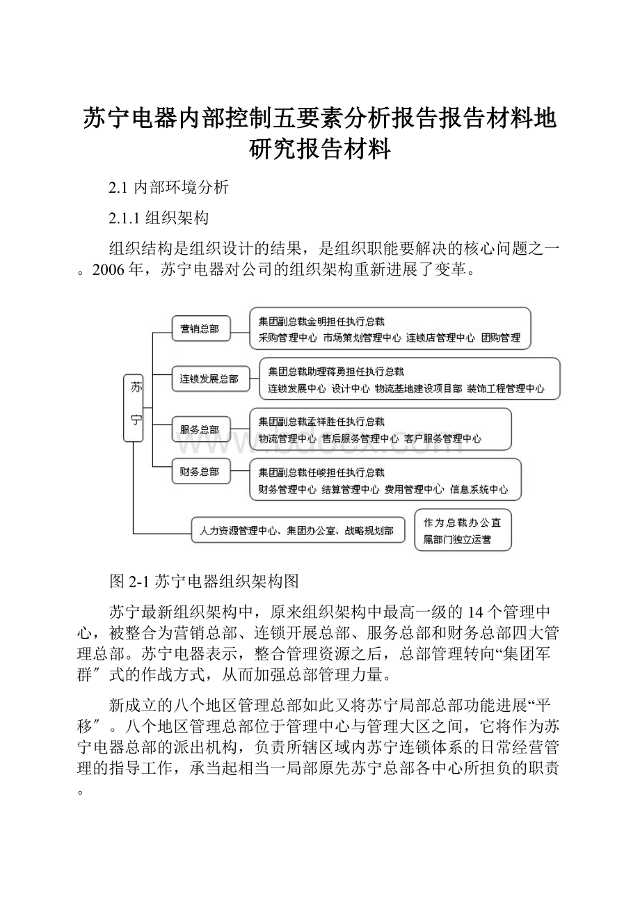 苏宁电器内部控制五要素分析报告报告材料地研究报告材料.docx_第1页