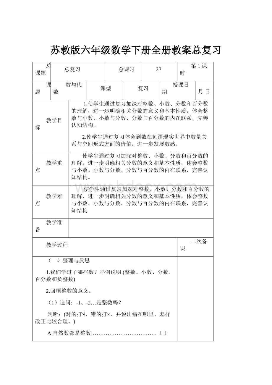 苏教版六年级数学下册全册教案总复习.docx