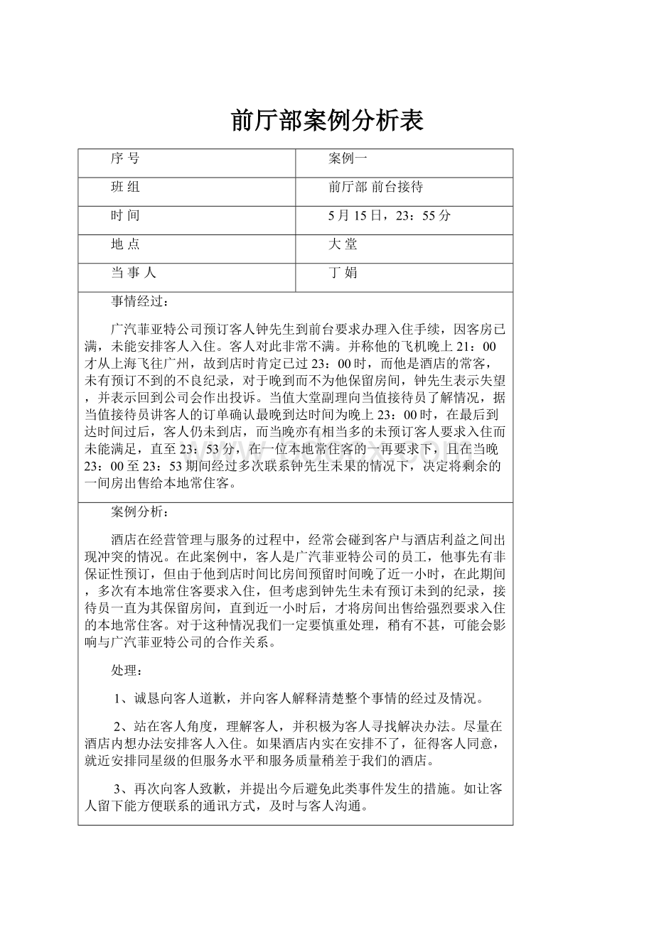 前厅部案例分析表.docx_第1页