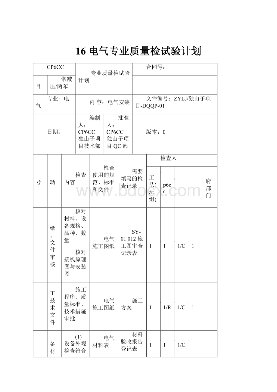 16 电气专业质量检试验计划.docx