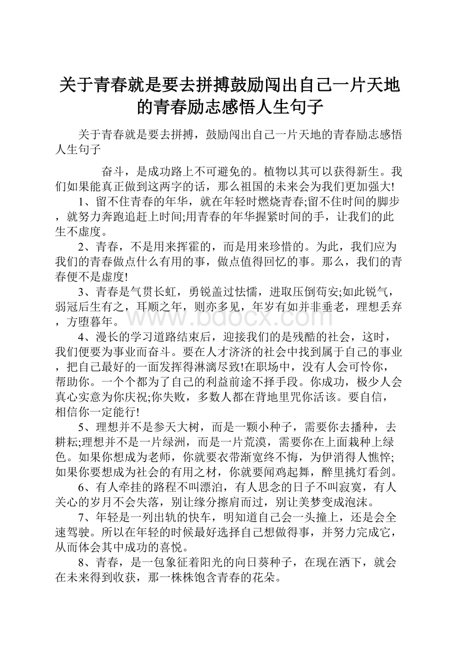 关于青春就是要去拼搏鼓励闯出自己一片天地的青春励志感悟人生句子.docx