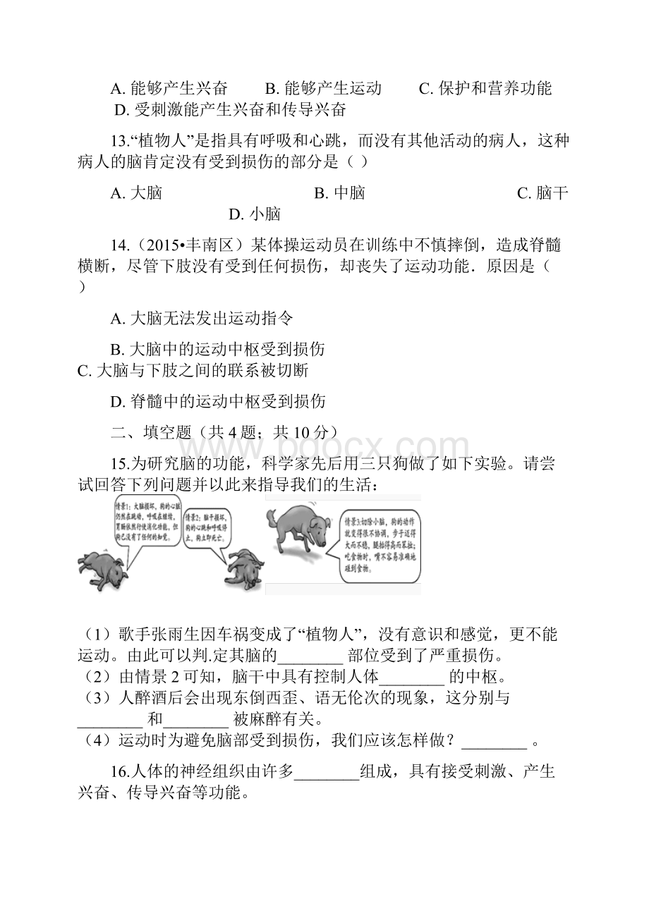 人教版七年级生物下册第六章第二节神经系统的组成同步测试.docx_第3页